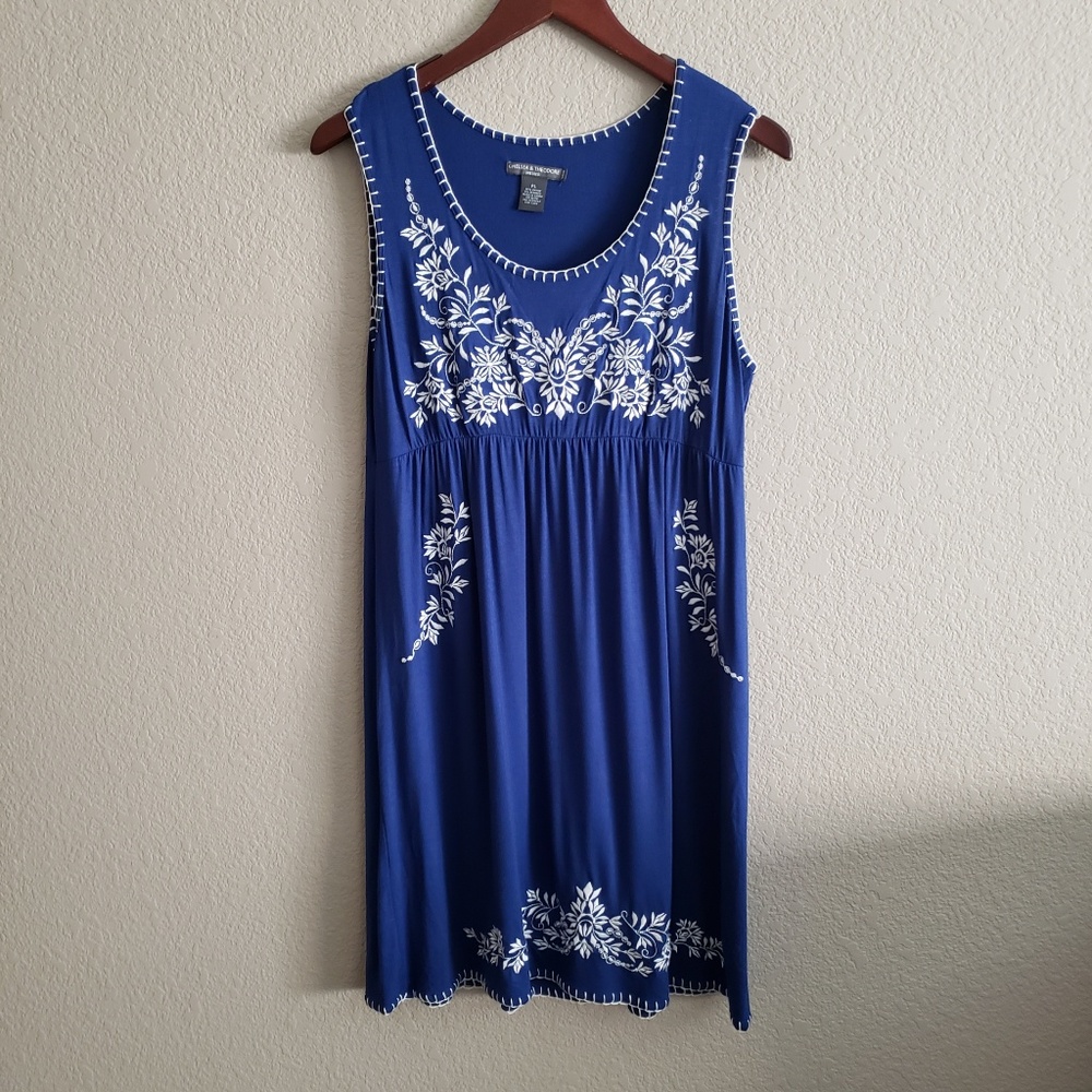Chelsea & Theodore Royal Blue Midi Dress with White Floral Embroidery